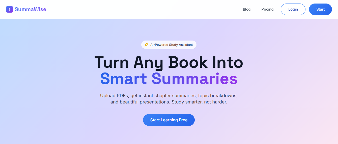 Landing page design for Summawise AI summarizer